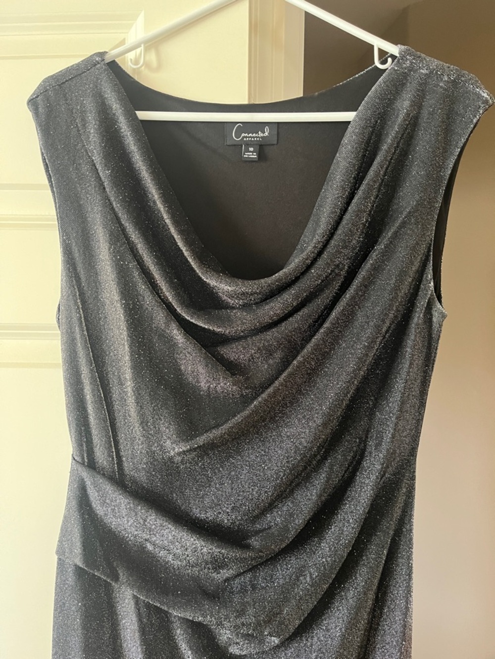 Connected Apparel Black Sparkle Draped Cocktail Dress, size 10